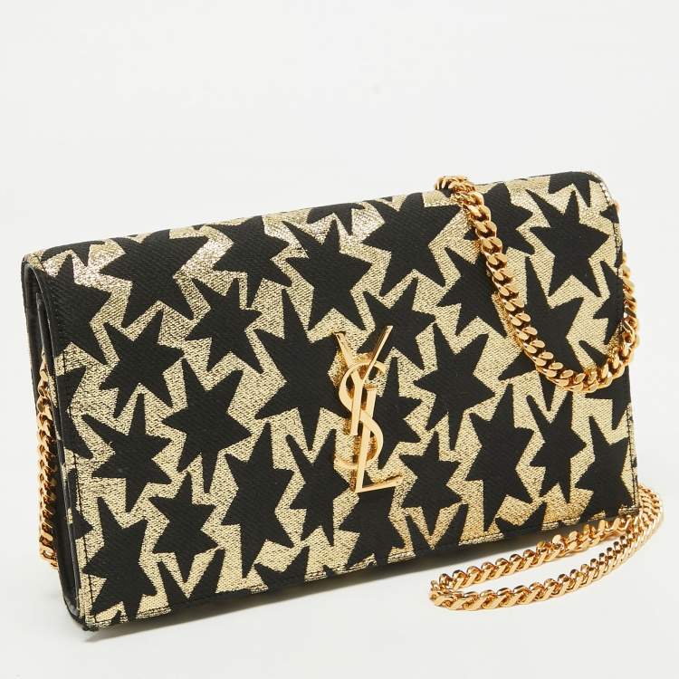 Pre Owned Saint Laurent Gold/Black Star Print Canvas and Canvas Monogram Wallet on Chain