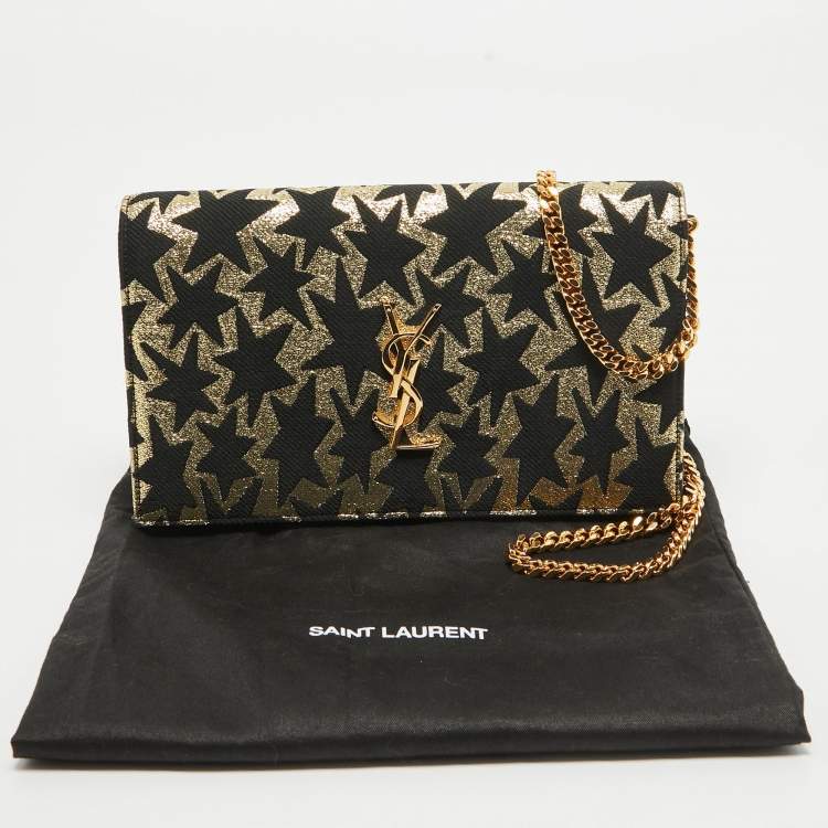 Pre Owned Saint Laurent Gold/Black Star Print Canvas and Canvas Monogram Wallet on Chain