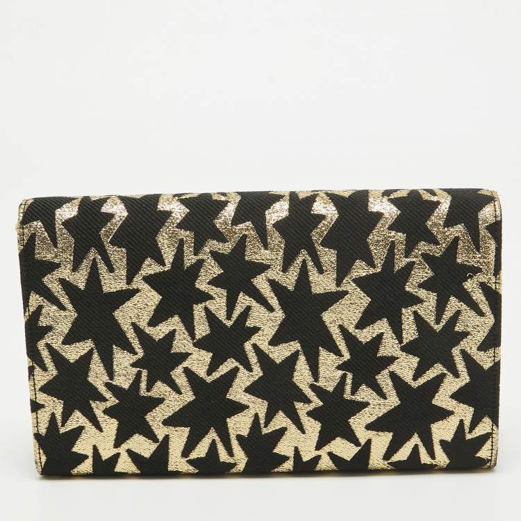 Pre Owned Saint Laurent Gold/Black Star Print Canvas and Canvas Monogram Wallet on Chain