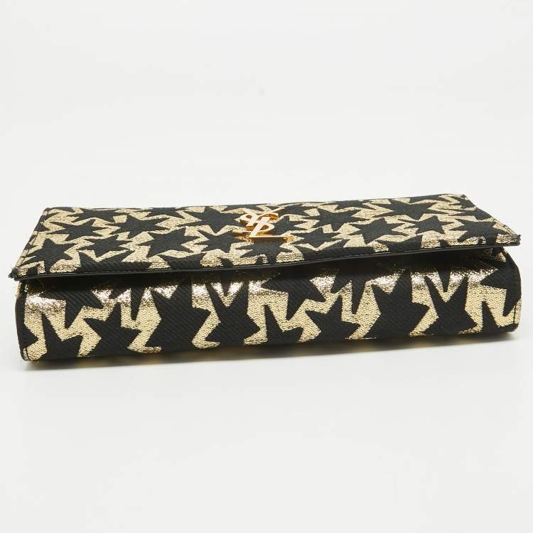 Pre Owned Saint Laurent Gold/Black Star Print Canvas and Canvas Monogram Wallet on Chain
