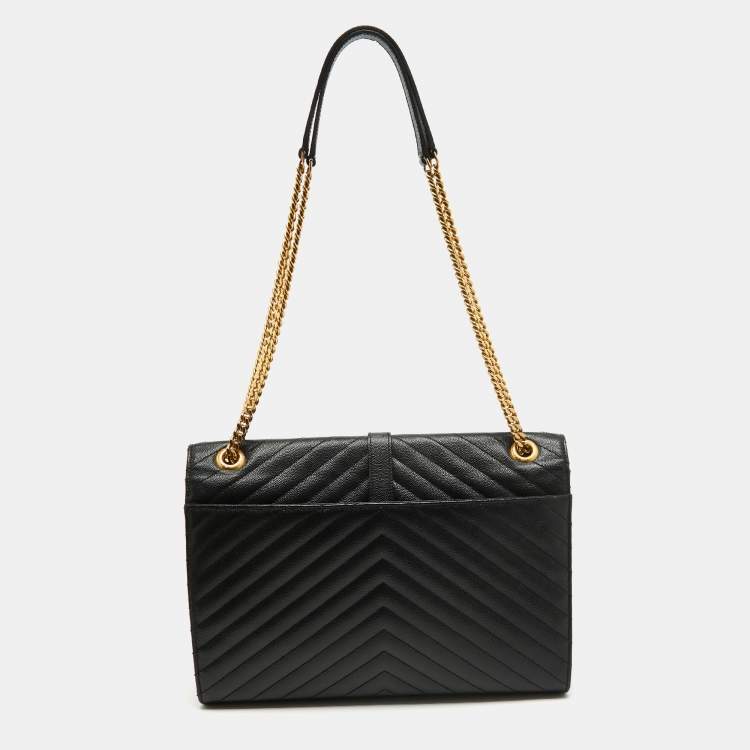 Pre Owned Saint Laurent Black Matelassé Leather Large Monogram Envelope Shoulder Bag