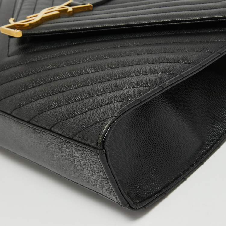 Pre Owned Saint Laurent Black Matelassé Leather Large Monogram Envelope Shoulder Bag