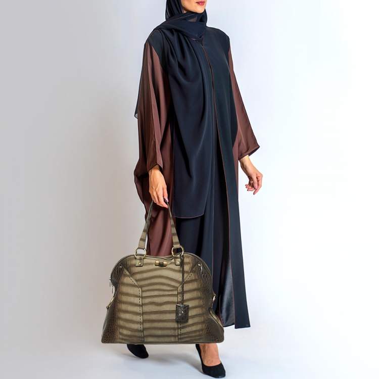 Pre Owned Yves Saint Laurent Brown/Khaki Croc Embossed Nubuck Oversized Muse Bag