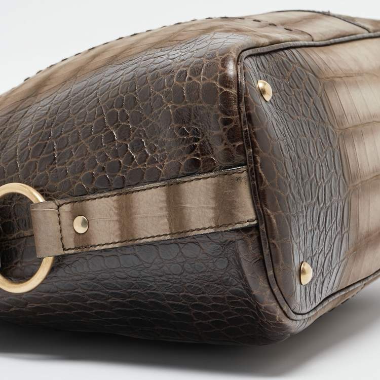 Pre Owned Yves Saint Laurent Brown/Khaki Croc Embossed Nubuck Oversized Muse Bag