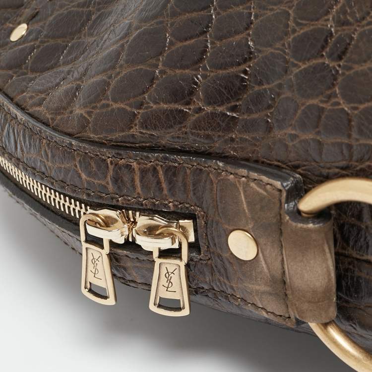 Pre Owned Yves Saint Laurent Brown/Khaki Croc Embossed Nubuck Oversized Muse Bag