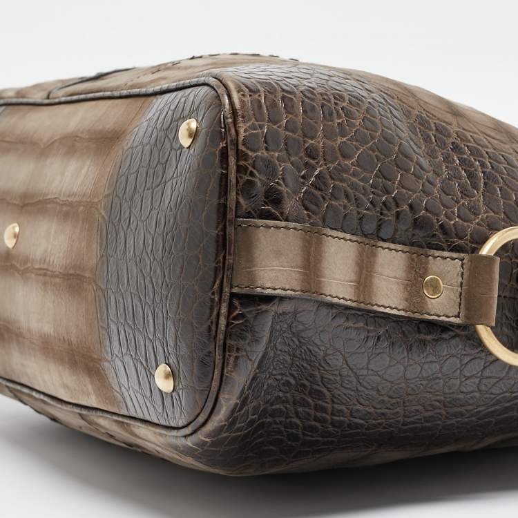 Pre Owned Yves Saint Laurent Brown/Khaki Croc Embossed Nubuck Oversized Muse Bag