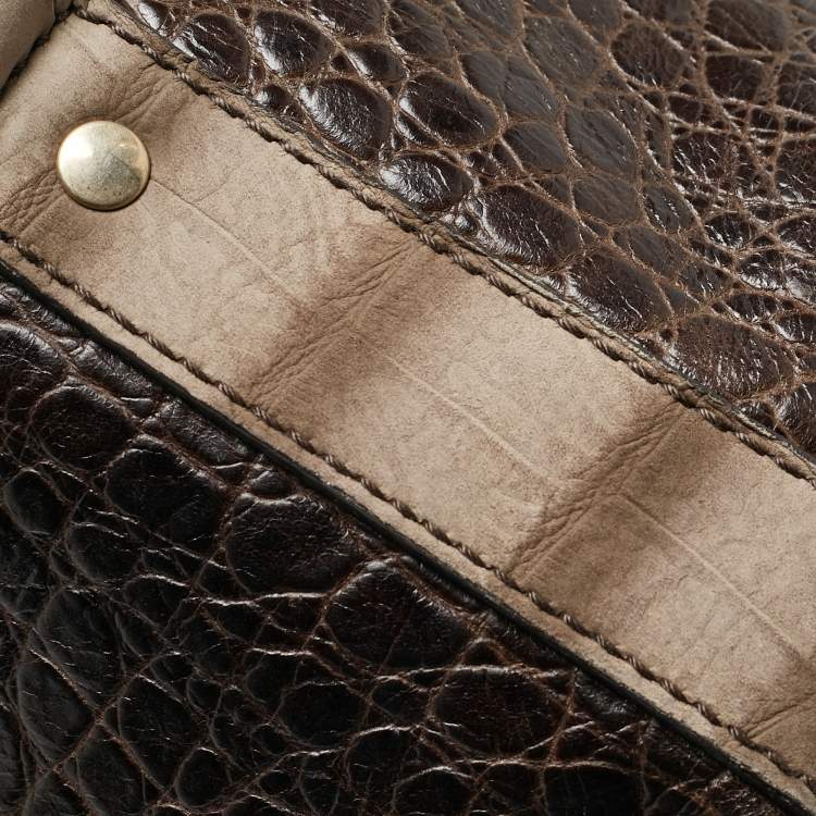 Pre Owned Yves Saint Laurent Brown/Khaki Croc Embossed Nubuck Oversized Muse Bag