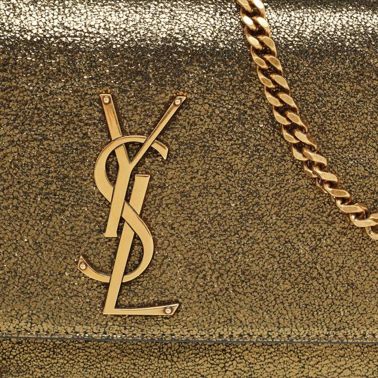 Pre Owned Saint Laurent Gold Crackled Leather New Small Kate Wallet on Chain