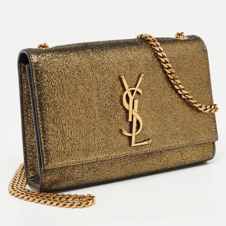 Pre Owned Saint Laurent Gold Crackled Leather New Small Kate Wallet on Chain