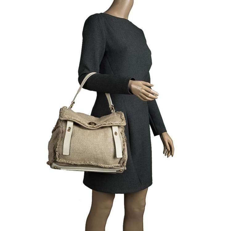 Pre Owned Yves Saint Laurent Beige/White Fabric Medium Muse Two Satchel