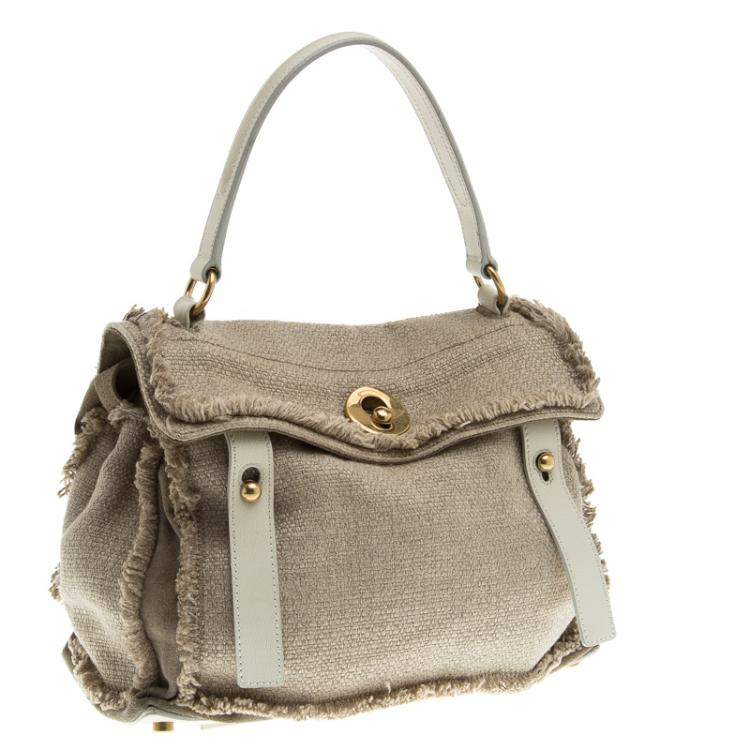 Pre Owned Yves Saint Laurent Beige/White Fabric Medium Muse Two Satchel