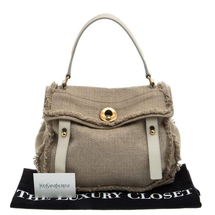Pre Owned Yves Saint Laurent Beige/White Fabric Medium Muse Two Satchel