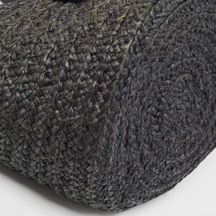 Pre Owned Saint Laurent Black Woven Raffia and Leather Basket Bag