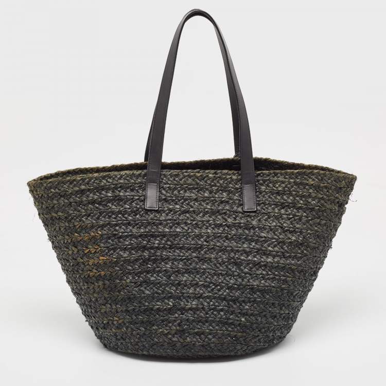 Pre Owned Saint Laurent Black Woven Raffia and Leather Basket Bag