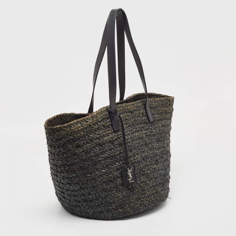 Pre Owned Saint Laurent Black Woven Raffia and Leather Basket Bag