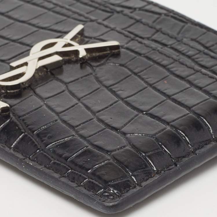 مملوكة مسبقًا Saint Laurent Black Croc Embossed Leather Monogram Card Holder 