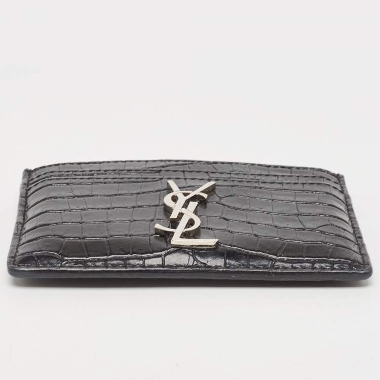 مملوكة مسبقًا Saint Laurent Black Croc Embossed Leather Monogram Card Holder 