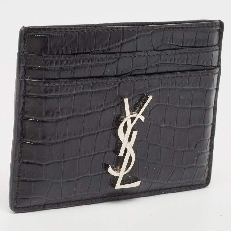 مملوكة مسبقًا Saint Laurent Black Croc Embossed Leather Monogram Card Holder 