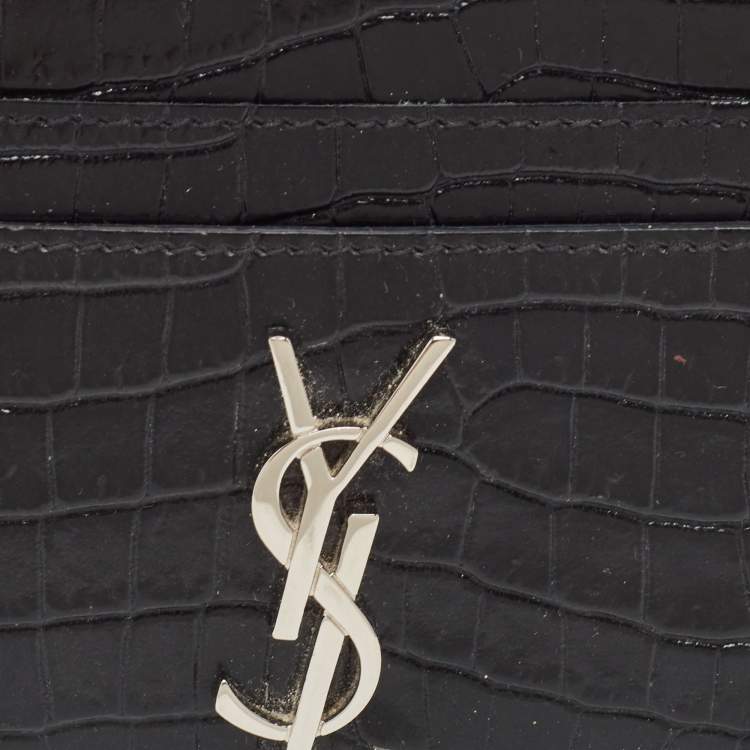 مملوكة مسبقًا Saint Laurent Black Croc Embossed Leather Monogram Card Holder 