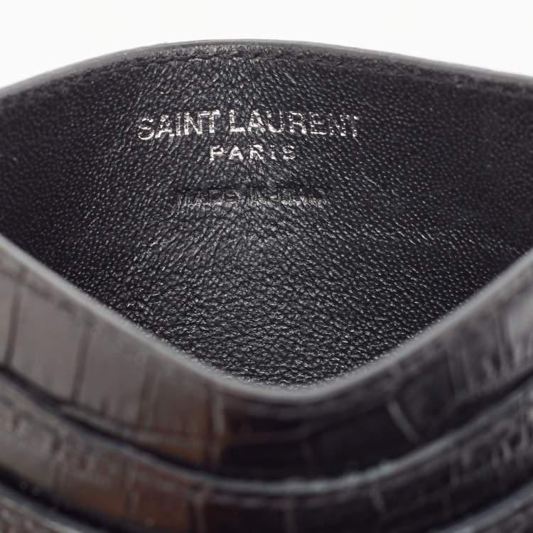 مملوكة مسبقًا Saint Laurent Black Croc Embossed Leather Monogram Card Holder 