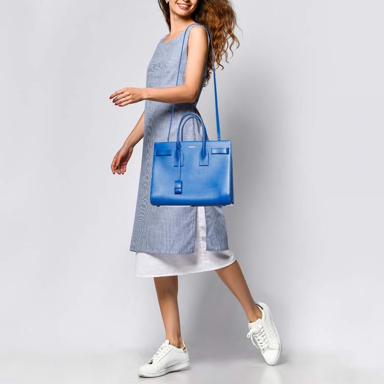 Pre Owned Saint Laurent Blue Leather Small Classic Sac De Jour Tote