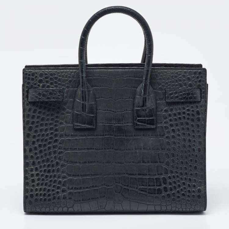 مملوكة مسبقًا Saint Laurent Deep Green Croc Embossed Leather Small Sac De Jour Tote