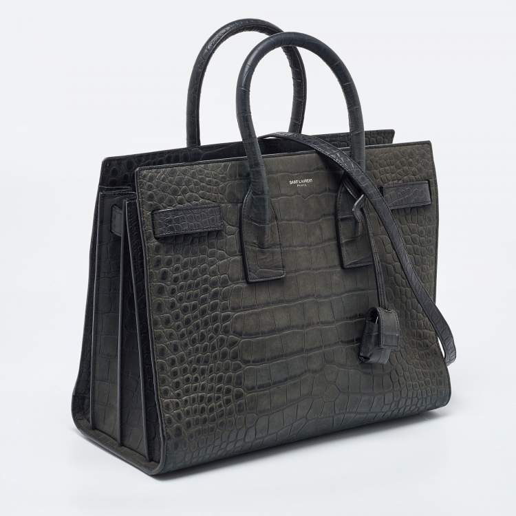 مملوكة مسبقًا Saint Laurent Deep Green Croc Embossed Leather Small Sac De Jour Tote