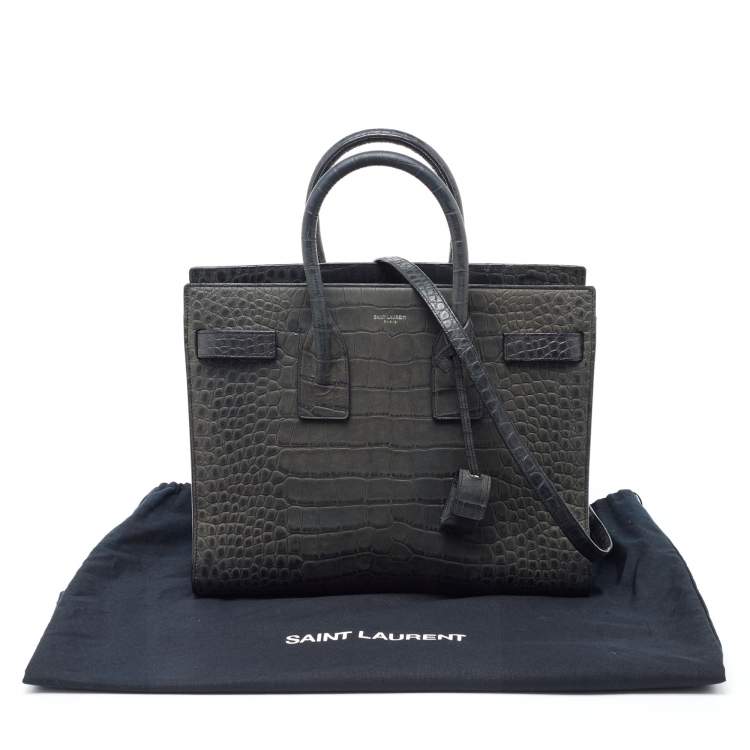 مملوكة مسبقًا Saint Laurent Deep Green Croc Embossed Leather Small Sac De Jour Tote