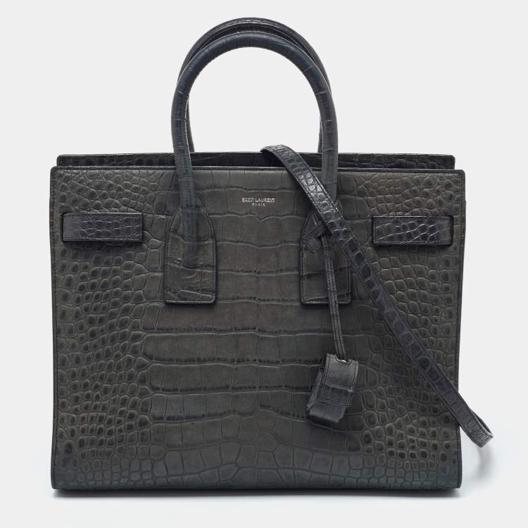 مملوكة مسبقًا Saint Laurent Deep Green Croc Embossed Leather Small Sac De Jour Tote