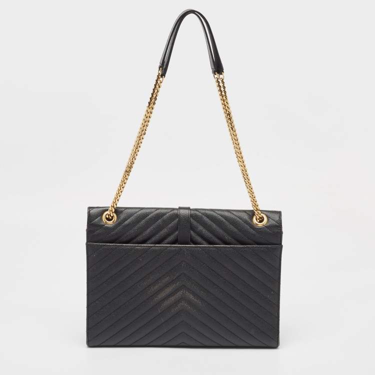 Pre Owned Saint Laurent Black Matelasse Leather Large Monogram Envelope Shoulder Bag