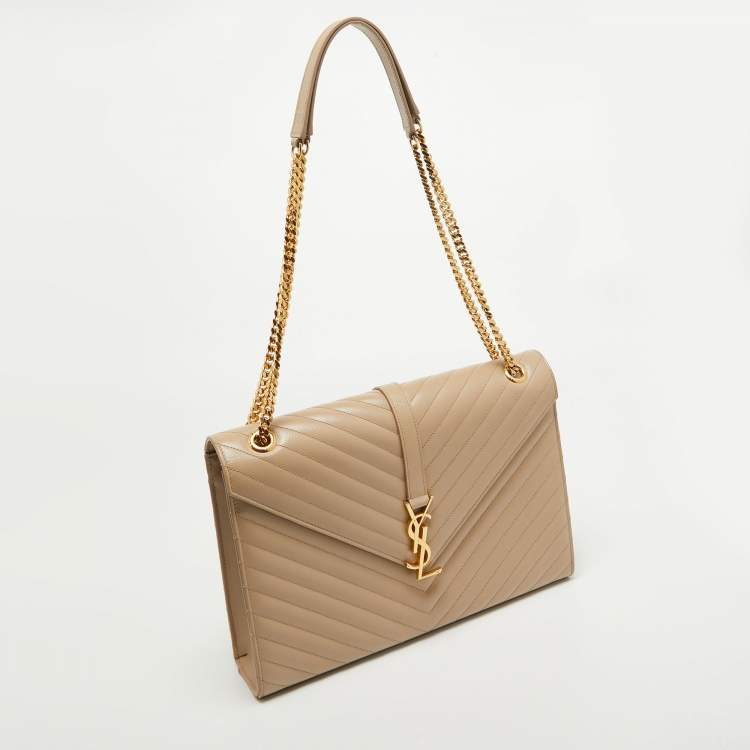 Pre Owned Saint Laurent Beige Matelasse Leather Large Monogram Envelope Shoulder Bag