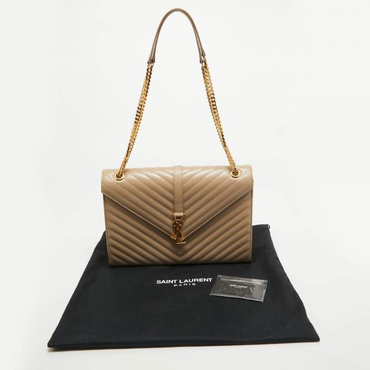 Pre Owned Saint Laurent Beige Matelasse Leather Large Monogram Envelope Shoulder Bag