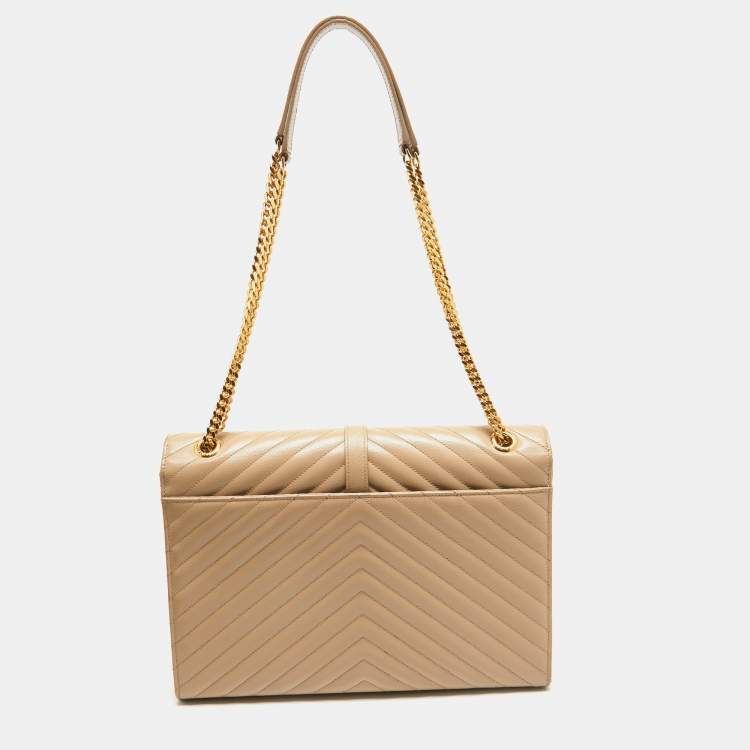 Pre Owned Saint Laurent Beige Matelasse Leather Large Monogram Envelope Shoulder Bag