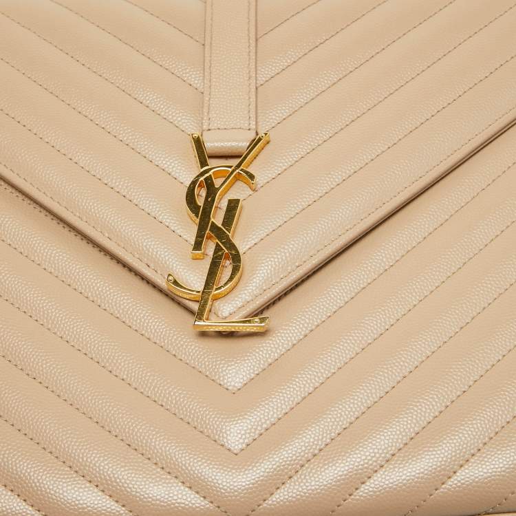 Pre Owned Saint Laurent Beige Matelasse Leather Large Monogram Envelope Shoulder Bag