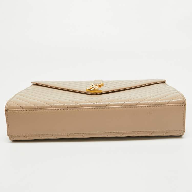 Pre Owned Saint Laurent Beige Matelasse Leather Large Monogram Envelope Shoulder Bag