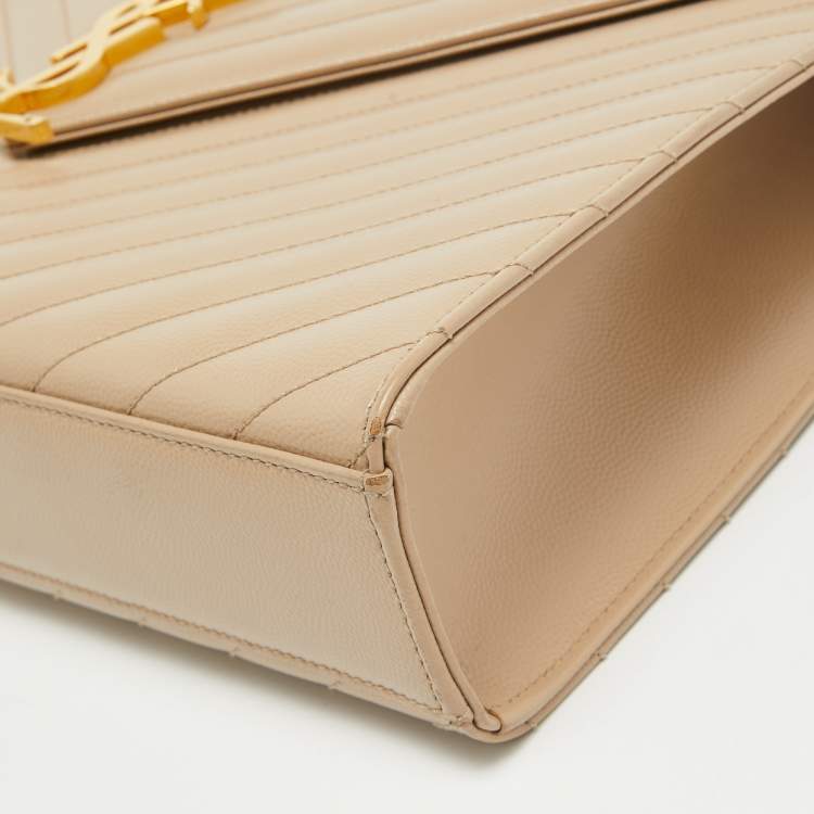 Pre Owned Saint Laurent Beige Matelasse Leather Large Monogram Envelope Shoulder Bag