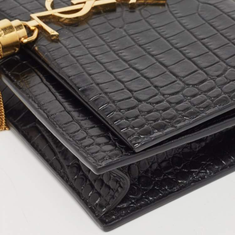 Pre Owned Saint Laurent Black Croc Embossed Leather Kate Tassel Chain Wallet