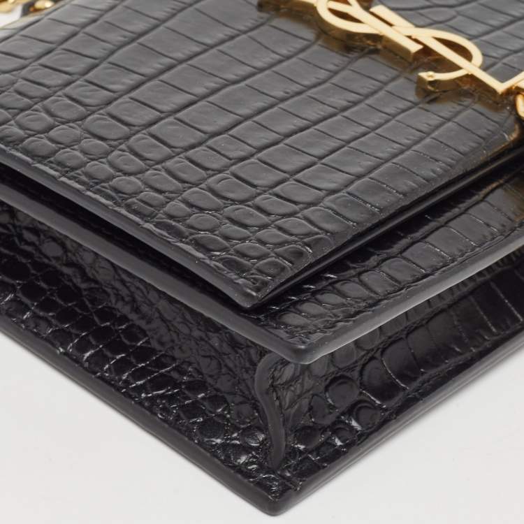 Pre Owned Saint Laurent Black Croc Embossed Leather Kate Tassel Chain Wallet