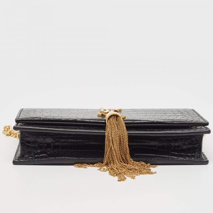 Pre Owned Saint Laurent Black Croc Embossed Leather Kate Tassel Chain Wallet