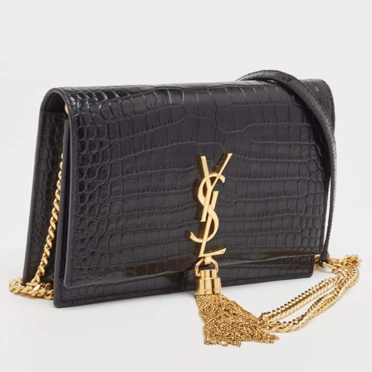 Pre Owned Saint Laurent Black Croc Embossed Leather Kate Tassel Chain Wallet