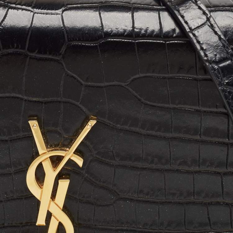 Pre Owned Saint Laurent Black Croc Embossed Leather Kate Tassel Chain Wallet