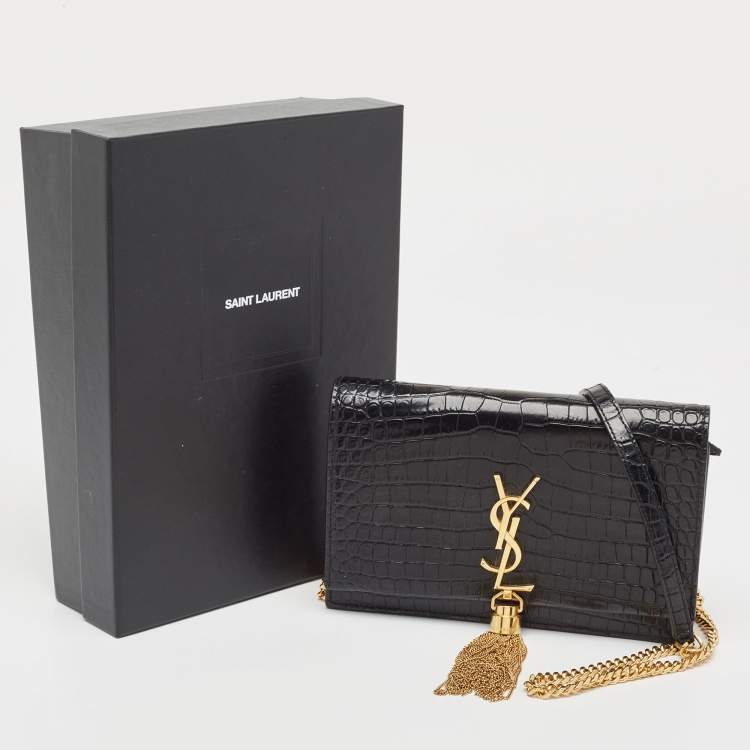 Pre Owned Saint Laurent Black Croc Embossed Leather Kate Tassel Chain Wallet