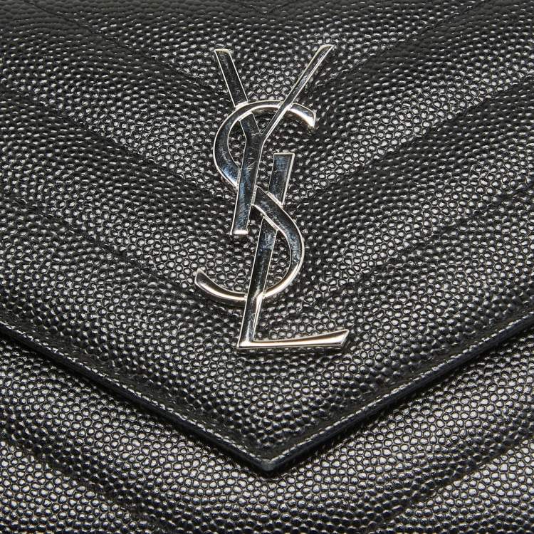 Pre Owned Saint Laurent Black Matelasse Leather Cassandre Trifold Wallet  