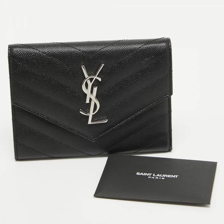 Pre Owned Saint Laurent Black Matelasse Leather Cassandre Trifold Wallet  