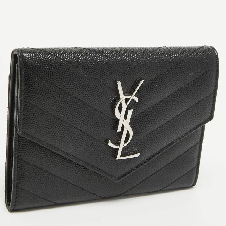 Pre Owned Saint Laurent Black Matelasse Leather Cassandre Trifold Wallet  