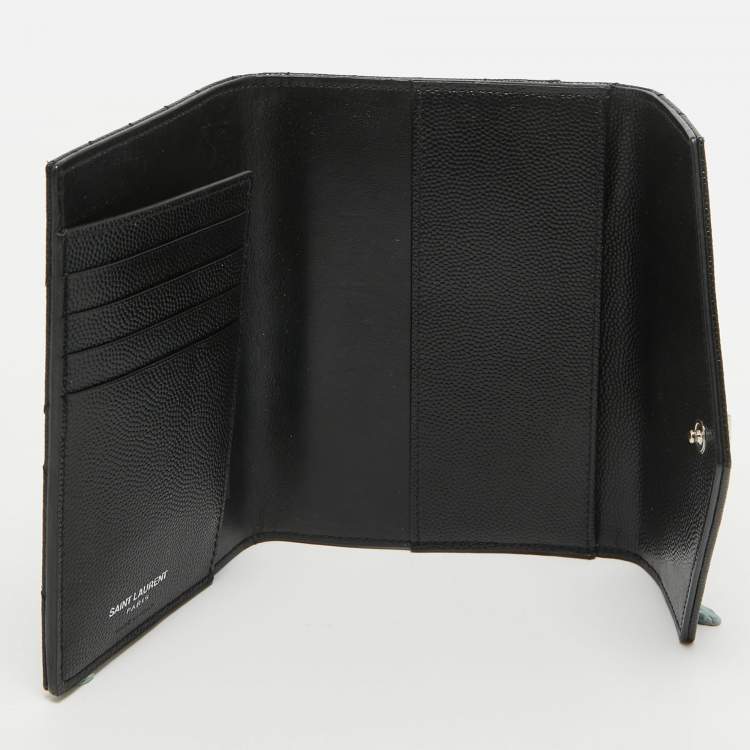 Pre Owned Saint Laurent Black Matelasse Leather Cassandre Trifold Wallet  
