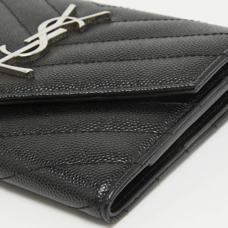 Pre Owned Saint Laurent Black Matelasse Leather Cassandre Trifold Wallet  
