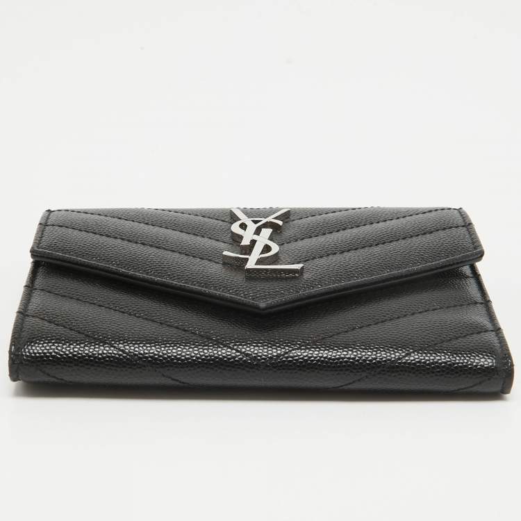 Pre Owned Saint Laurent Black Matelasse Leather Cassandre Trifold Wallet  