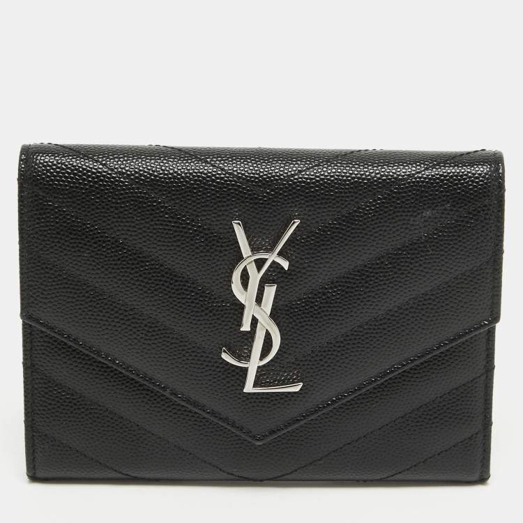 Pre Owned Saint Laurent Black Matelasse Leather Cassandre Trifold Wallet  
