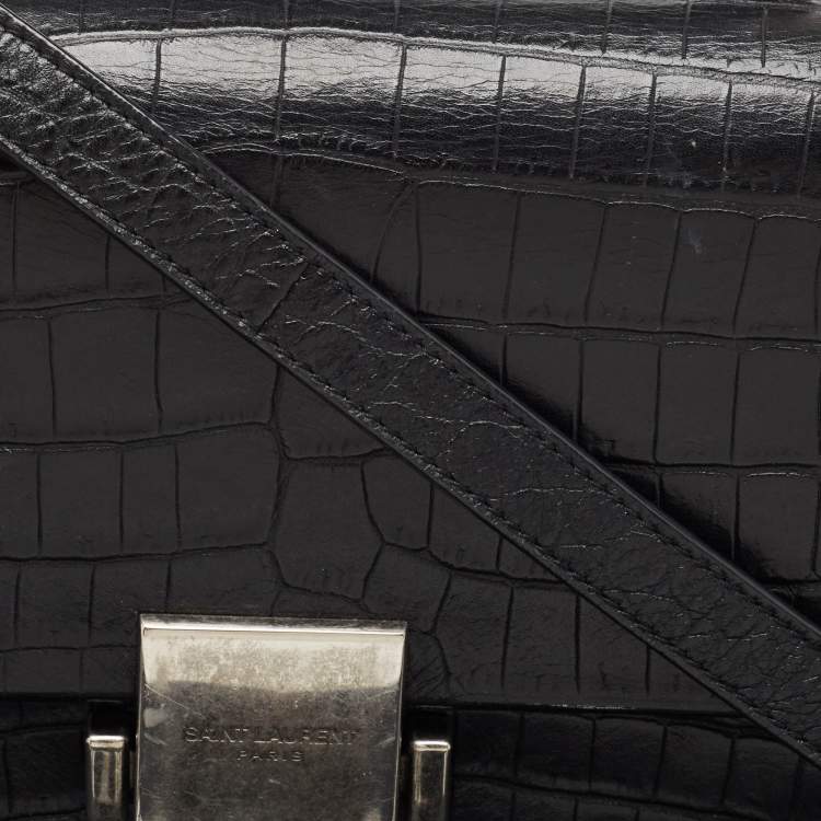 Pre Owned Saint Laurent Black Croc Embossed Leather Bellechasse Top Handle Bag